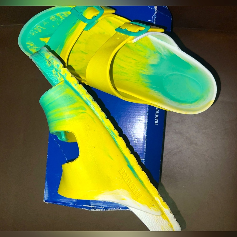 New Birkenstock Arizona Eva slide on Sandals Multicolor Jade and Yellow